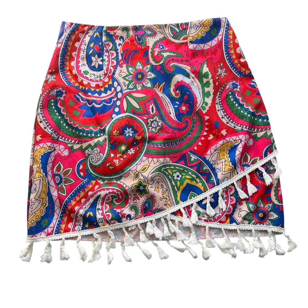 Skue Paisley Mini Skirt Colorful‎ Print Tassel Hem Festival Party Boho Small